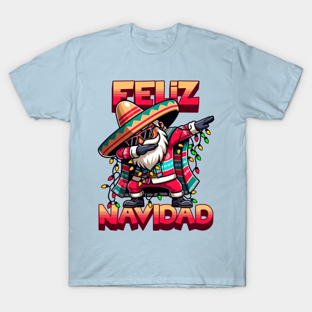 Feliz Navidad - Dabbing Hispanic Mexican Santa Merry Christmas Tree Lights T-Shirt by Lunatic Bear